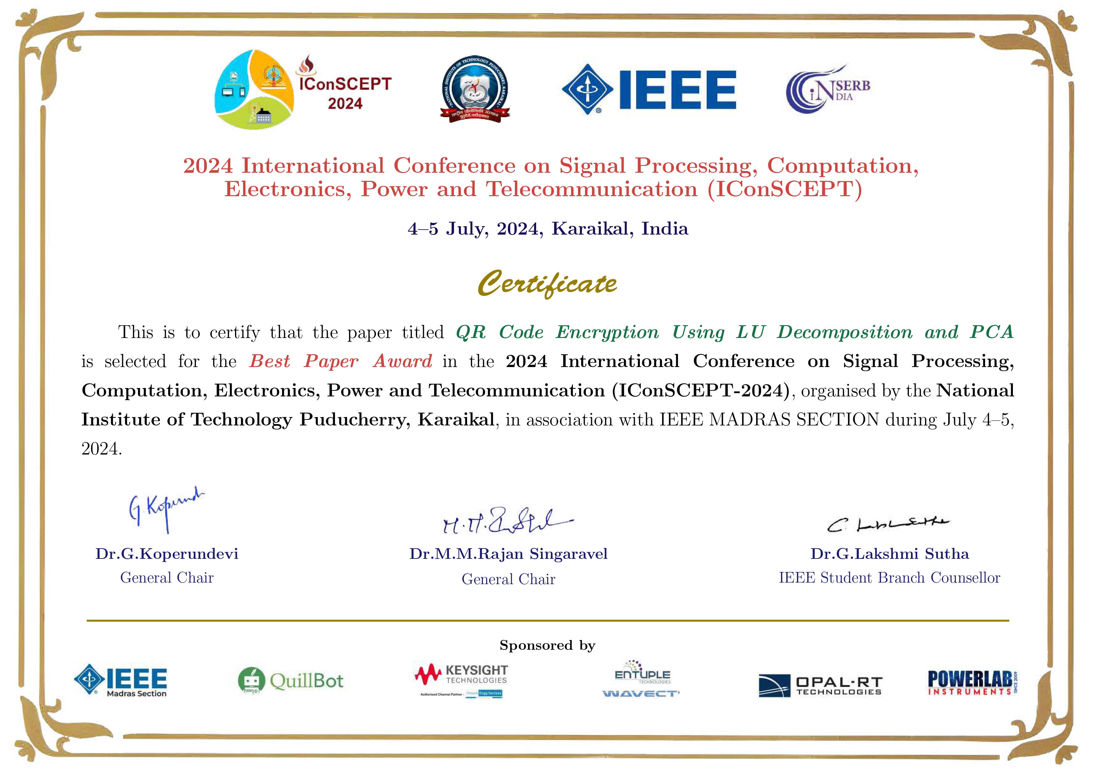 Best Paper Award Certificate
