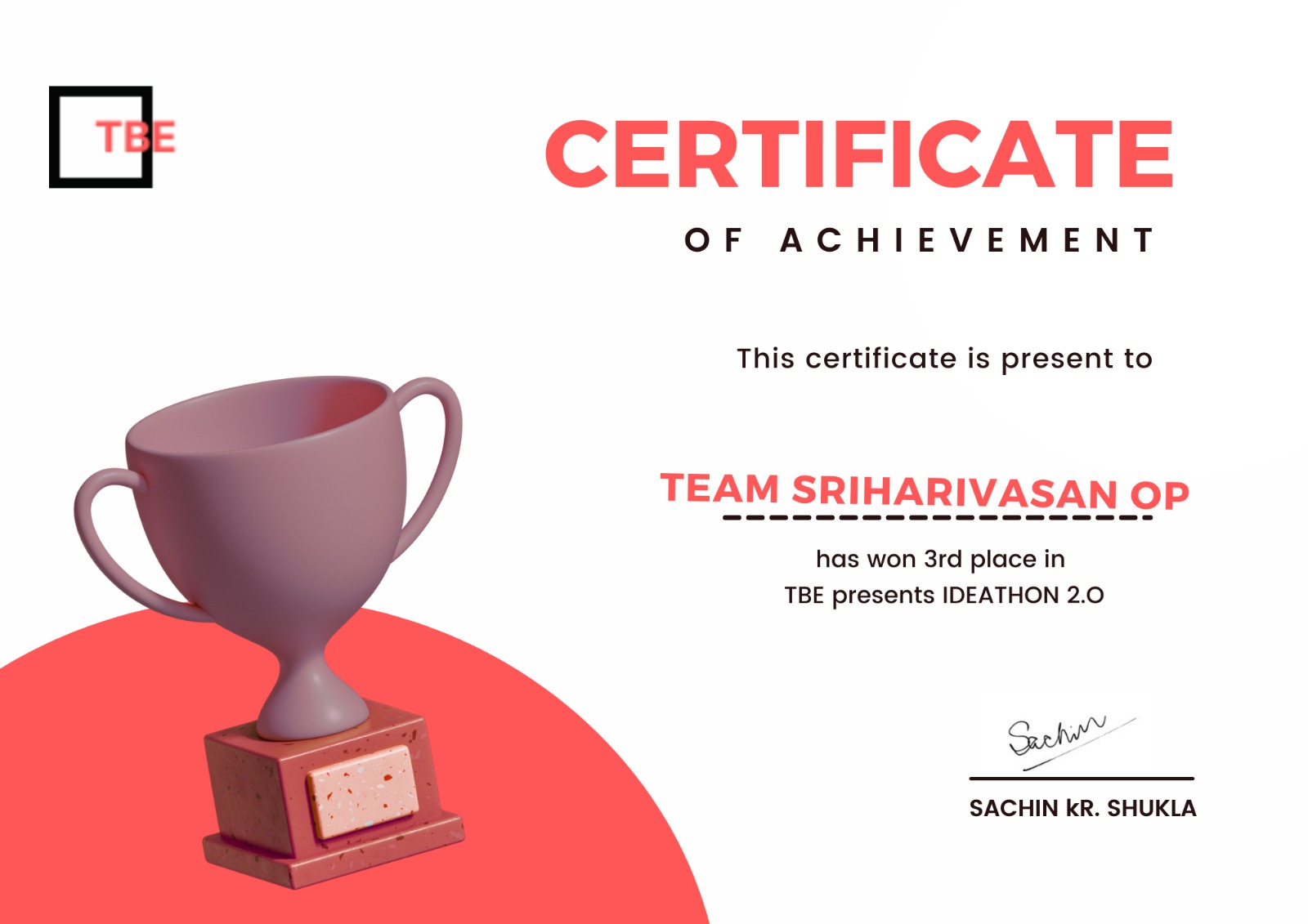 Ideathon 2.0 Certificate
